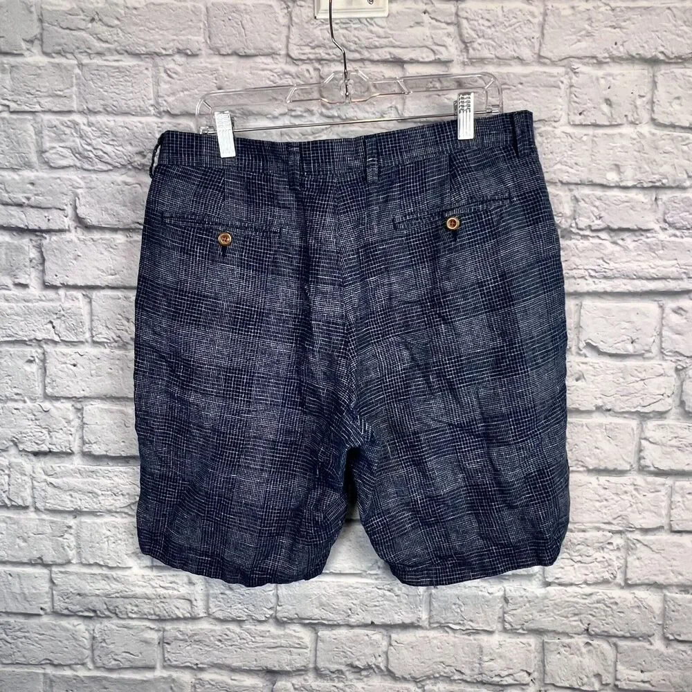 J Crew Club Men's 100% Linen Blue Plaid Chino Shorts Flat Front Size‎ 34 10.5 L